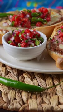 White bowl with pico de gallo and molletes on a rotating plate