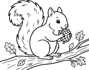 Fototapeta premium Cute cartoon squirrel eating pine cone on branch Vector