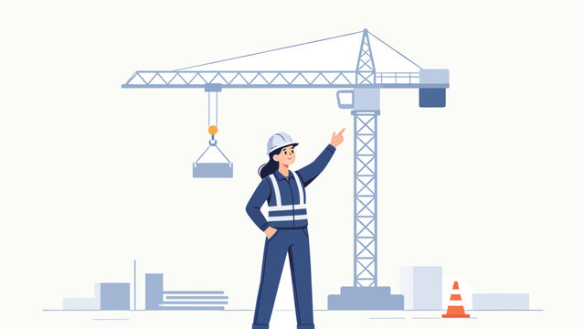 Female construction worker in blue uniform and hard hat pointing at crane on site