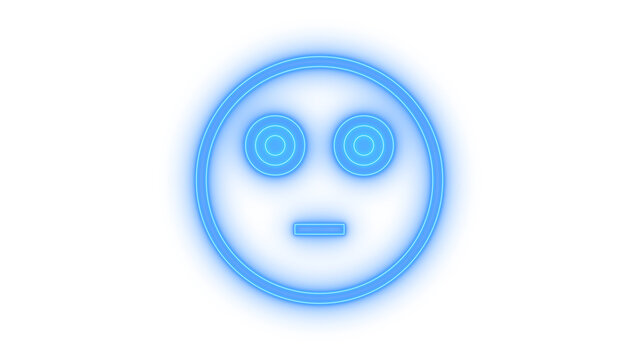 Colorful neon emoji icon representing a shocked dazed or hypnotized face with concentric circle eyes and a neutral flat mouth line isolated on transparent background