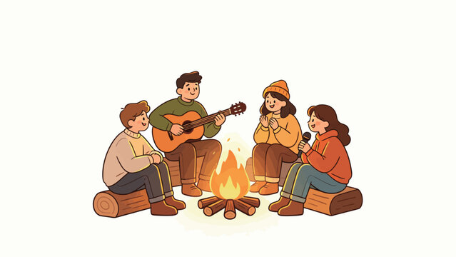Cartoon friends gathering around a warm campfire to play guitar and sing songs together at night.