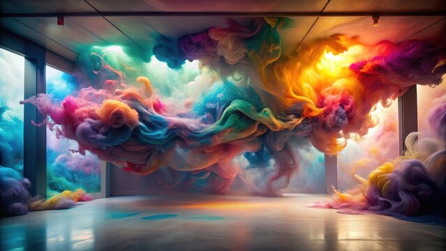 A vibrant, swirling nebula of multicolored smoke fills a minimalist interior space, creating a captivating and surreal atmosphere.