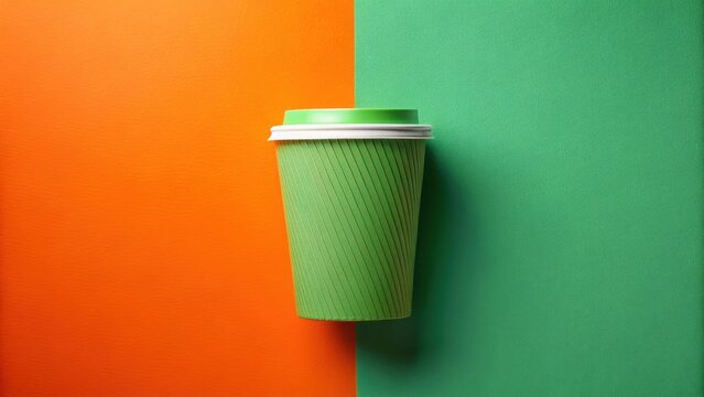 A vibrant green disposable cup with a lid sits on a contrasting orange and green background, showcasing its eco-friendly design and perfect for hot or cold beverages.
