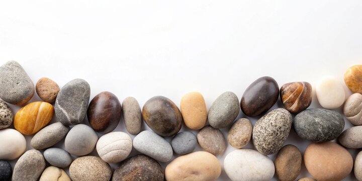 Smooth River Stones Arranged in a Gentle Curve on a White Background