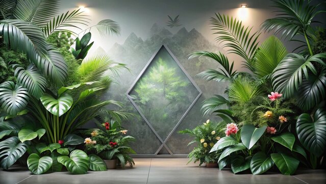 Lush Tropical Indoor Garden Scene with Modern Geometric Frame and Subtle Lighting