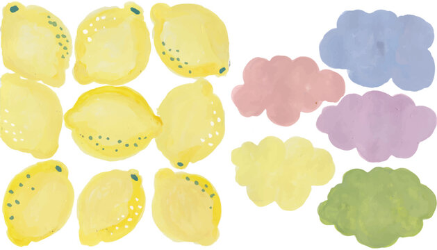 Group of lemons and colorful clouds hand drawn watercolor art