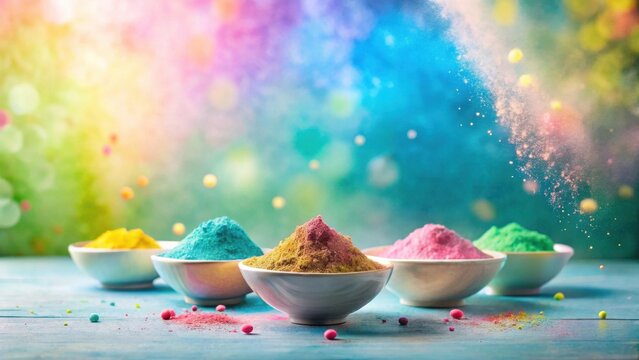 Vibrant Powdered Pigments in Bowls, Festive Celebration, Colorful Dust Explosion, Springtime Joy