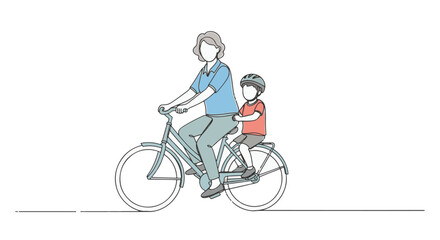 Fototapeta premium Continuous single line art illustration of a woman riding a bicycle with a young child in a rear safety seat, mother and son cycling outdoors, minimalist vector design on white.