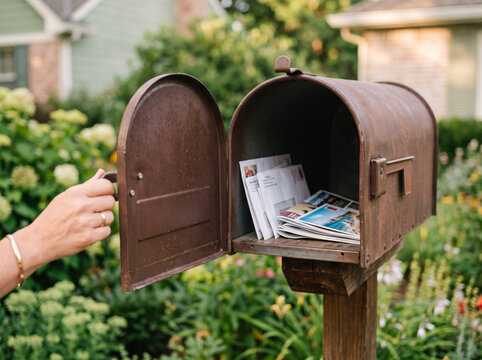 Woman hand checking retro rust wooden mailbox filled with letters outdoor mail