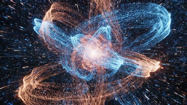 Abstract visualization of a subatomic particle structure with glowing blue and orange energy rings.
