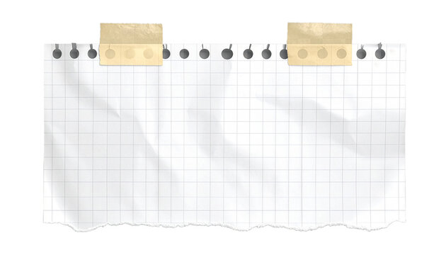 Blank sheet of graph paper with torn edges and adhesive tape isolated on white background