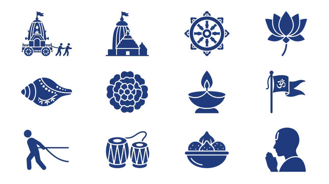 Set of blue icons representing Hindu and Indian cultural symbols and religious elements.