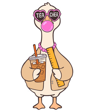 Cute teacher duck with sunglasses holding iced coffee cartoon vector illustration