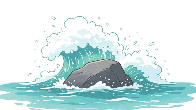 Dynamic illustration of a powerful ocean wave crashing against a solitary gray rock, featuring splashing