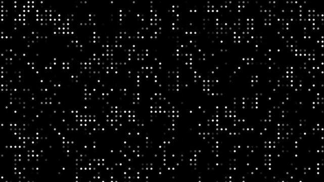White Halftone Dot Gradient Motion Background with Vintage Grunge Texture. Abstract 2D Digital Pattern on Black Screen for Motion Graphics, Futuristic Technology Visuals, Modern UI Design, Creative 4k