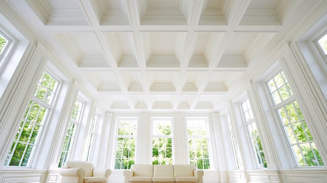 Bright White Sunlit Ballroom with Coffered Ceiling and Large Windows Overlooking Lush Greenery