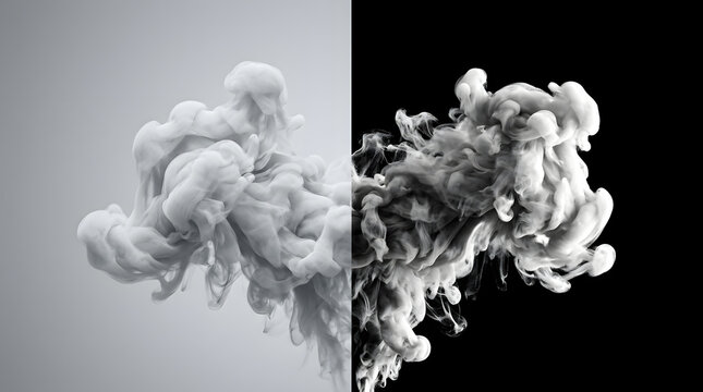 Abstract Smoke Forms: A striking split-screen image showcases ethereal smoke plumes in contrasting light and dark backgrounds, creating a dramatic visual effect.
