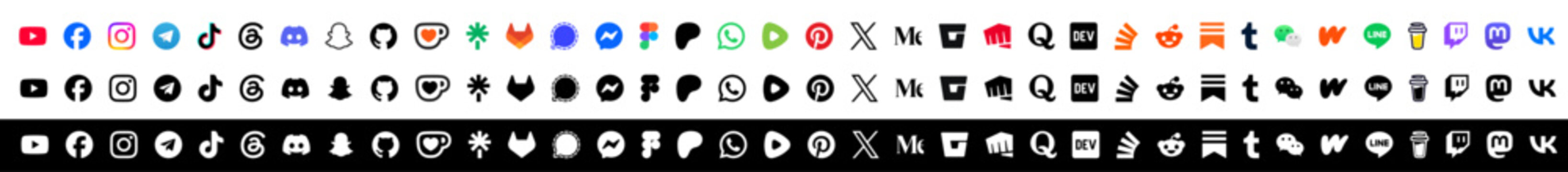 Social media icon set featuring YouTube, Facebook, Instagram, TikTok, X, WhatsApp, Discord, Pinterest, Reddit, Twitch, Telegram, and Snapchat vector logos in color, black, and white for ui ux design.