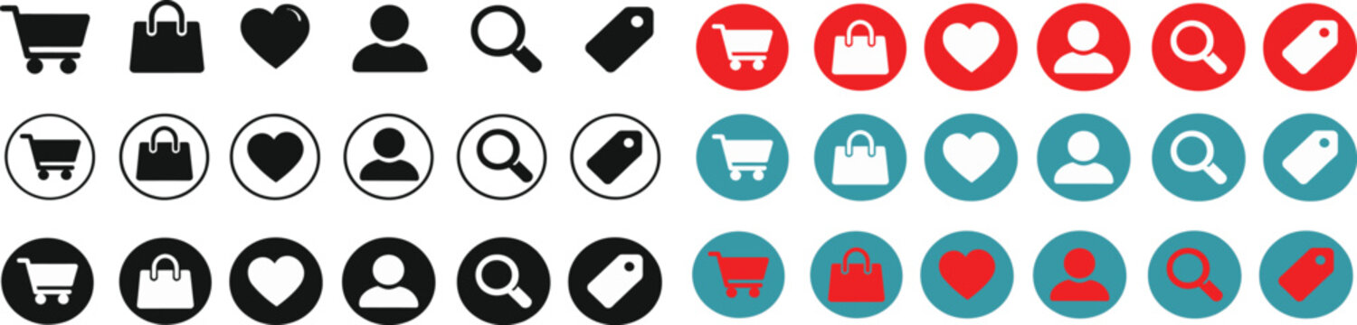 E-commerce shopping icons vector set with cart bag heart user profile search magnifying glass and discount price tag label button graphic bundle for online store website app UI design EPS