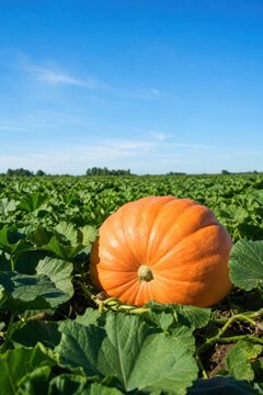 Giant vibrant pumpkin thriving in lush green organic farm field under bright sunny sky, autumn harvest concept