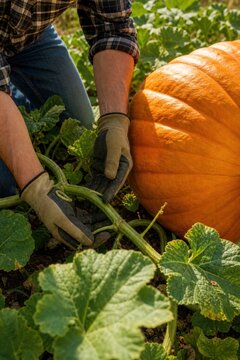 Handsome farmer harvesting giant organic pumpkin from lush green vine in vibrant autumn field, fresh produce concept with protective gloves, natural sunlight lighting