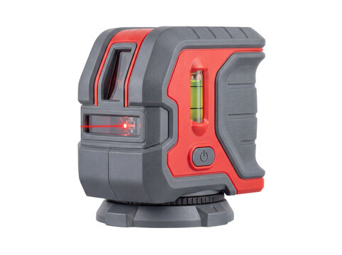 Red and gray laser level tool with bubble vial power button and beam on transparent background