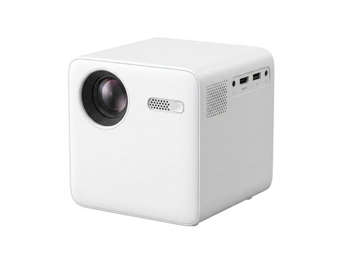 White portable projector with lens and ports displayed on transparent background mini digital home
