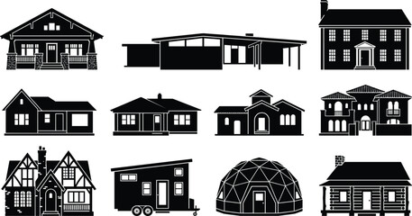 Obraz premium Set of various residential house silhouettes including modern, classic, tiny, and unique architectural home design icons.