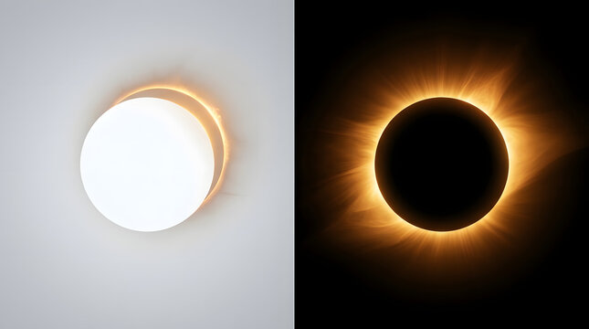 Solar and Lunar Eclipse Comparison: A side-by-side depiction of a solar eclipse, showing the moon obscuring the sun with a brilliant corona.
