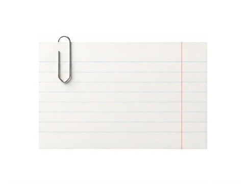 A blank lined index card with a silver paperclip attached, isolated on transparent background