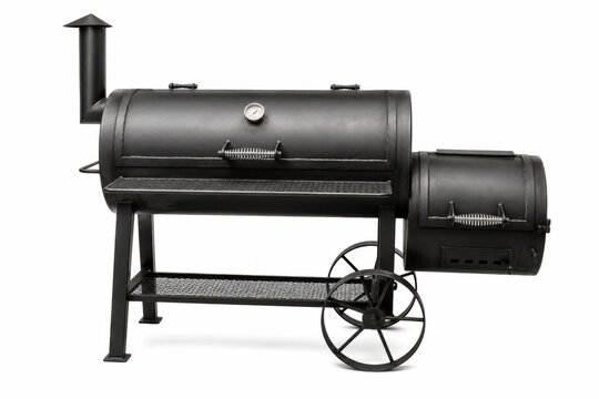 Classic black charcoal barbecue smoker grill on wheels ready for outdoor cooking. Heavy-duty steel BBQ smoker with side table and chimney for profe...