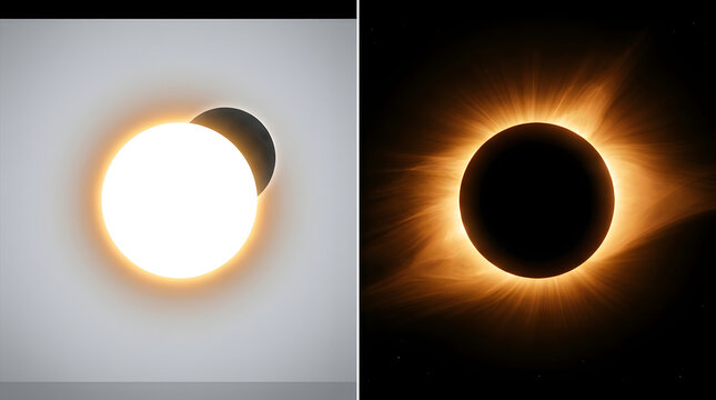 Celestial Dance: A stunning visual comparison showcasing the stages of a solar eclipse, from partial obscuration to the breathtaking corona during totality.
