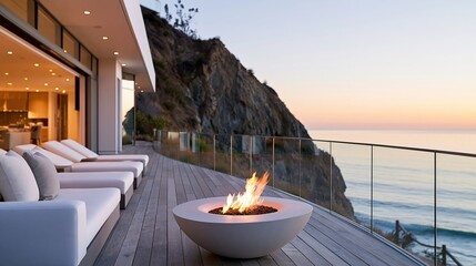 Obraz premium Modern luxury oceanfront villa terrace with fire pit at sunset, lounge chairs and stunning coastal view