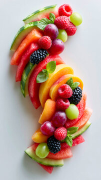 A vibrant arrangement of fresh fruits including watermelon, grapes, raspberries, blackberries, and peach slices, garnished with fresh mint leaves on a white surface.