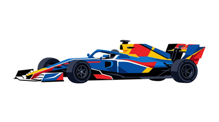 Fototapeta premium Stylized flat design illustration of a modern formula one racing car featuring blue, red, and yellow livery with aerodynamic spoilers and wide tires, isolated on a white background.