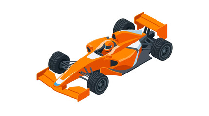 Fototapeta premium Isometric 3D illustration of a bright orange Formula 1 racing car with white accents and a driver wearing a helmet. Detailed open-wheel race car design featuring front and rear wings.
