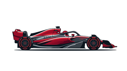 Fototapeta premium Flat design vector illustration of a red and black Formula 1 racing car, side profile view, featuring aerodynamic bodywork and wide tires, isolated on a white background.
