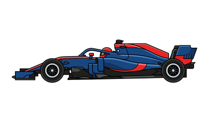 Fototapeta premium Flat design illustration of a modern blue and red Formula 1 racing car in side profile view isolated on white background showing detailed aerodynamic bodywork and driver helmet.