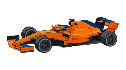 Fototapeta premium Orange and blue open-wheel formula racing car illustration, geometric flat vector design, high-speed motorsport vehicle with driver helmet, side profile isolated on white background.
