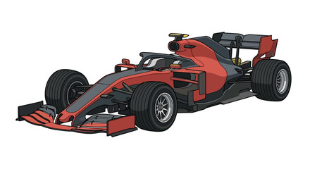 Fototapeta premium Vector illustration of a modern red and charcoal gray formula racing car in flat design style, featuring aerodynamic wings, open-wheel tires, and halo safety ring on a white background.