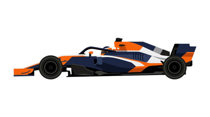 Fototapeta premium Flat design vector illustration of a modern Formula 1 race car in navy blue and orange livery, isolated on a white background, featuring a sleek side profile and aerodynamic wings.