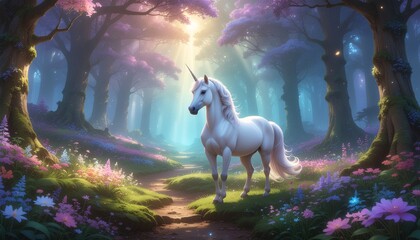 Majestic White Unicorn Standing in an Enchanted Fairy Tale Forest With Magical Glowing Light and Vibrant Spring Flowers © VISIONER ADVANCE