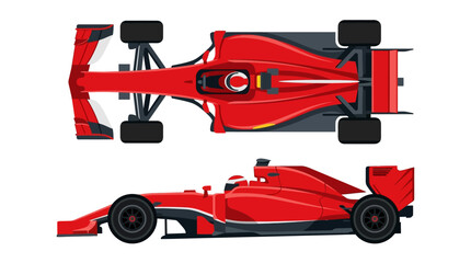 Fototapeta premium Stylized flat design illustration of a red formula one racing car featuring top down and side profile views isolated on a plain white background for technical visualization.