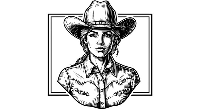 Cowgirl Portrait Illustration Hand Drawn Sketch Black and White Western Style