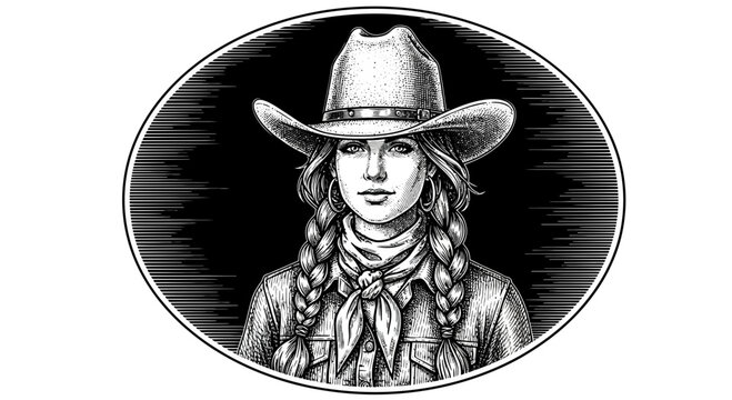 Cowgirl Portrait Illustration - Western Woman with Braids and Hat