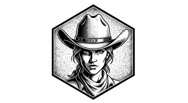 Cowgirl Portrait Illustration, Western Hat, Bandana, Determined Face, Black and White