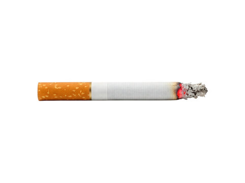 Burning lit cigarette with filter and ash isolated on transparent background.