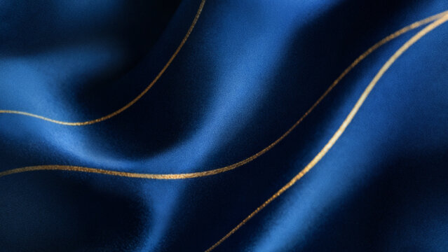 Abstract grainy background with luxurious flowing royal blue silk fabric waves and elegant golden lines for premium creative product presentation design backdrops.