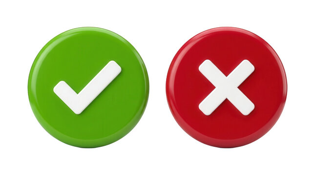 Green checkmark and red cross mark round buttons isolated on transparent background. True and wrong mark.