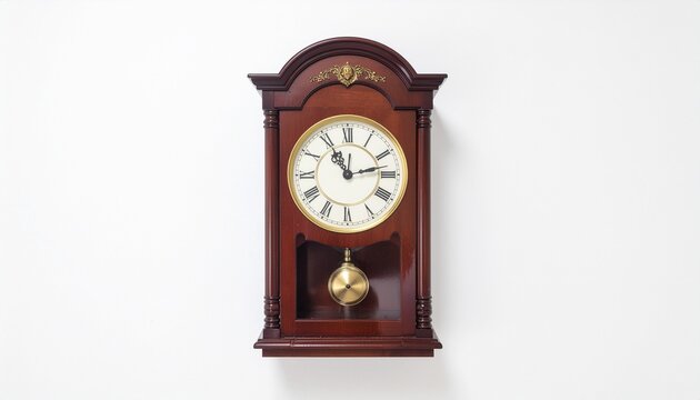 Classic wooden pendulum wall clock hanging on a white wall showing time in a vintage room